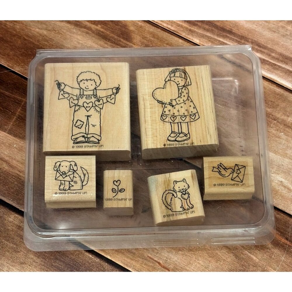 HTF 1999 STAMPIN' UP! FROM THE HEART WOOD MOUNTED RUBBER STAMP SET OF 6 CAT DOG